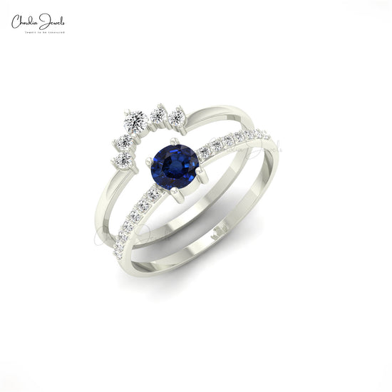 14k Real Gold Stackable Ring with 4mm Blue Sapphire Natural Diamond Engagement Ring