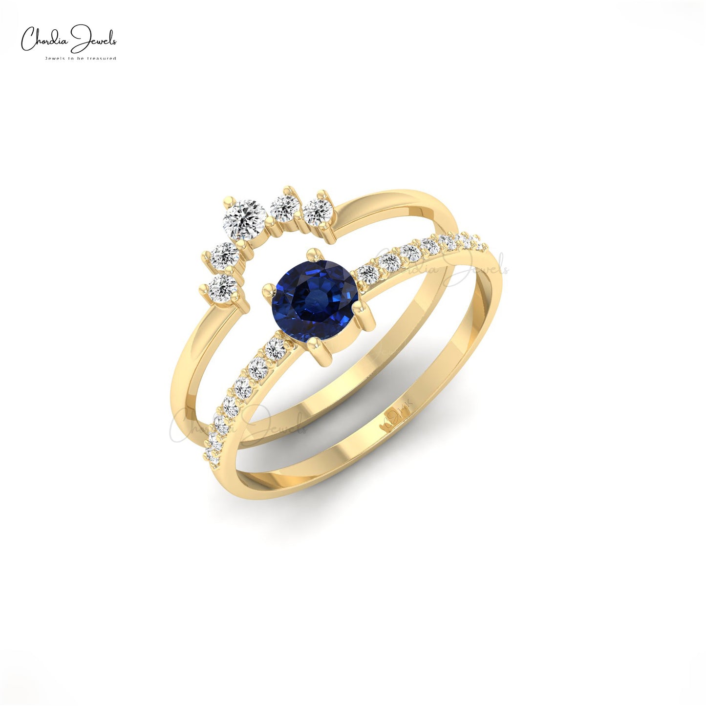 Load image into Gallery viewer, 14k Real Gold Stackable Ring with 4mm Blue Sapphire Natural Diamond Engagement Ring
