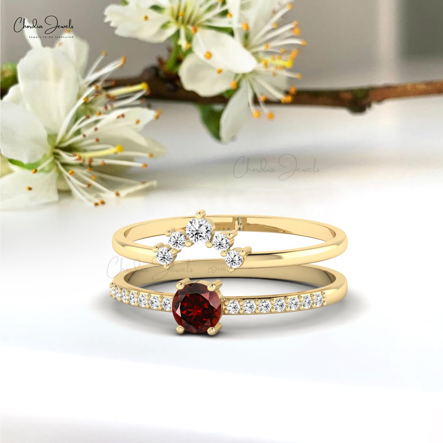 Authentic Garnet & Diamond Accented Ring 6x4mm Oval Cut 14k Solid Gold Stackable Ring