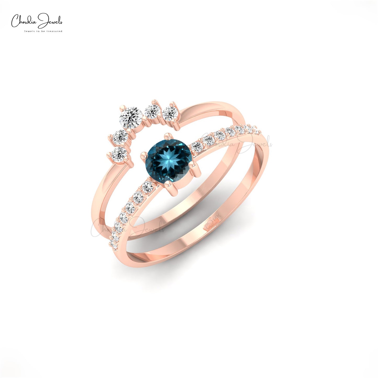 Anillo de dos bandas apilables en oro macizo de 14 k con topacio azul Londres de 4 mm y diamantes.