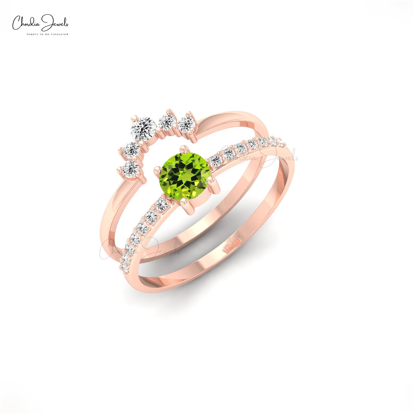 Genuine Peridot Gemstone Stackable Ring 14K Real Gold Round Diamonds Ring For Gift
