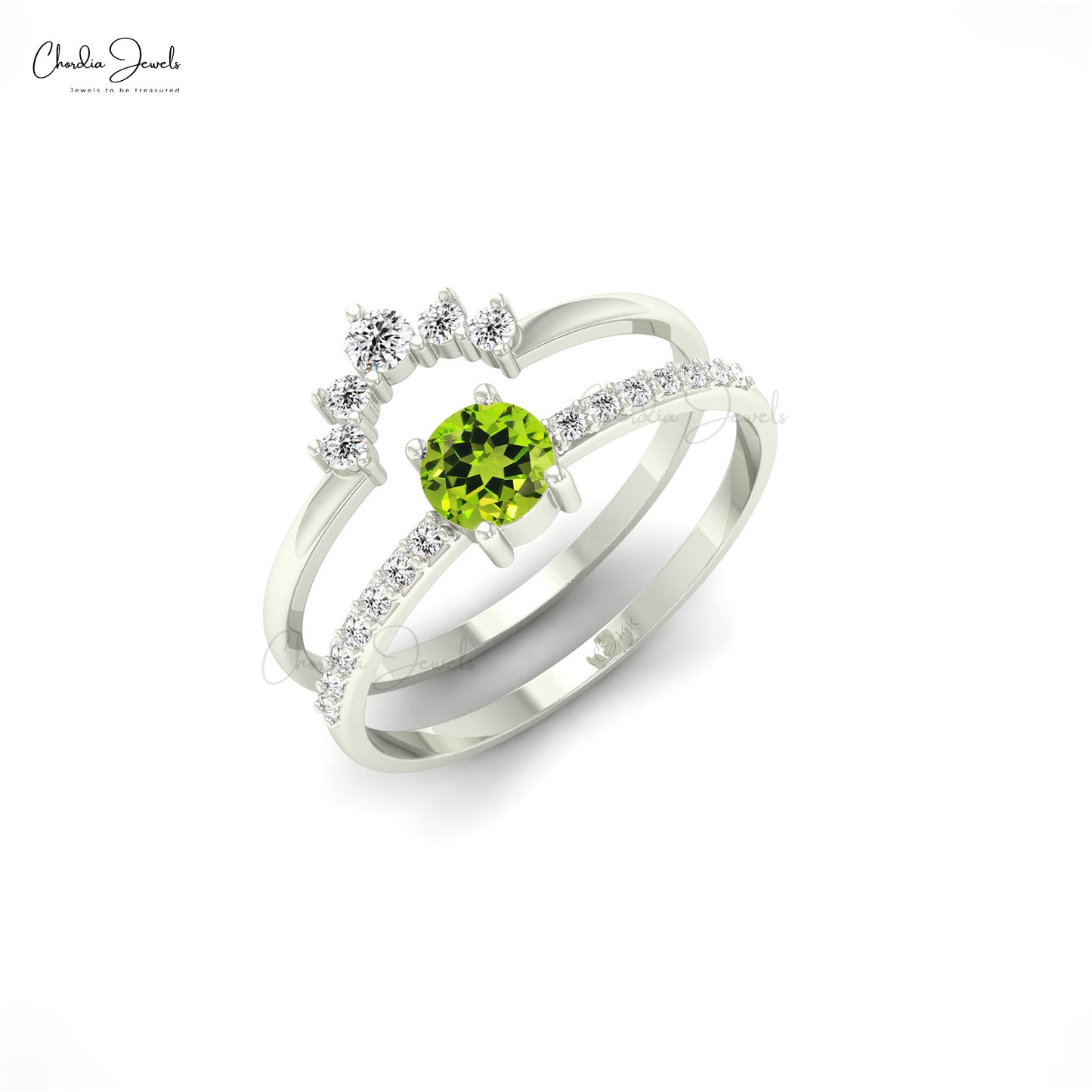 Chevron Two Band With 0.23 Ct Round Peridot And Small Diamond 14k Real Gold Ring