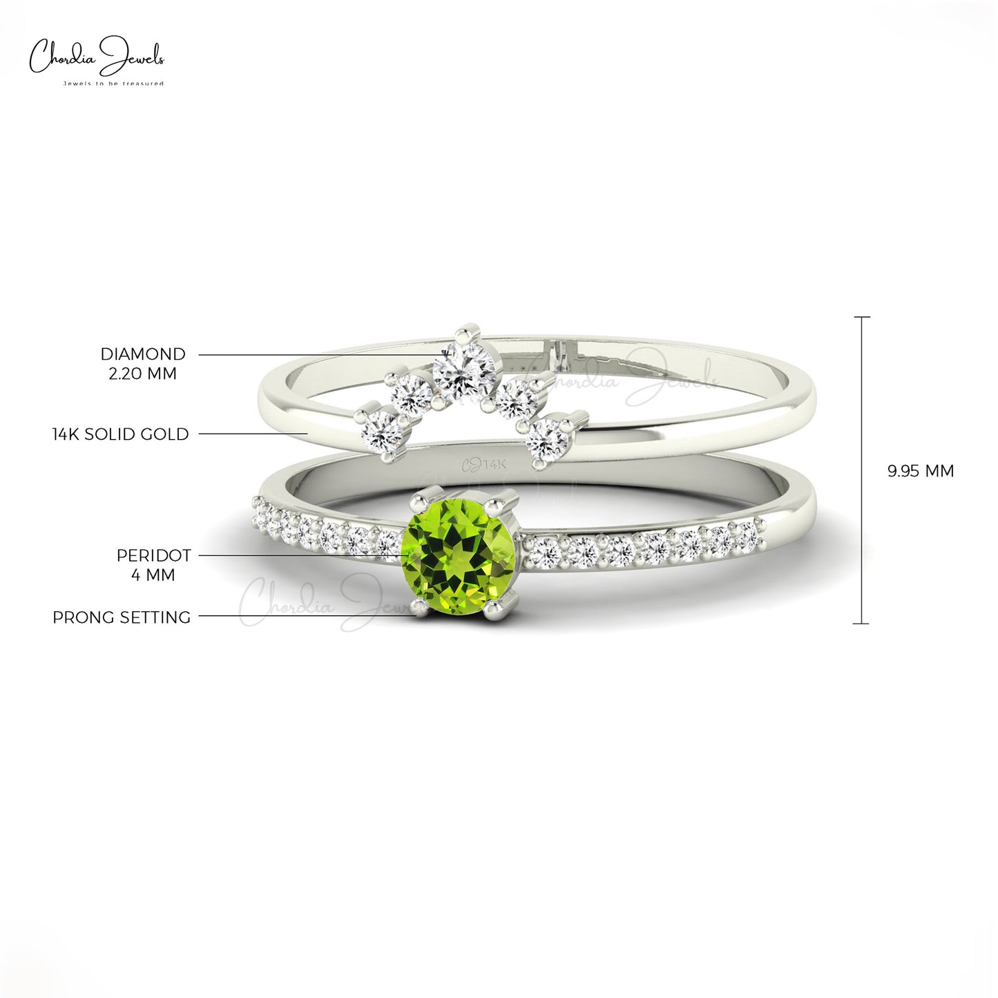 Genuine Peridot Gemstone Stackable Ring 14K Real Gold Round Diamonds Ring For Gift