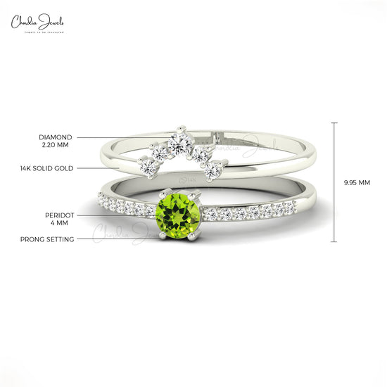 Genuine Peridot Gemstone Stackable Ring 14K Real Gold Round Diamonds Ring For Gift