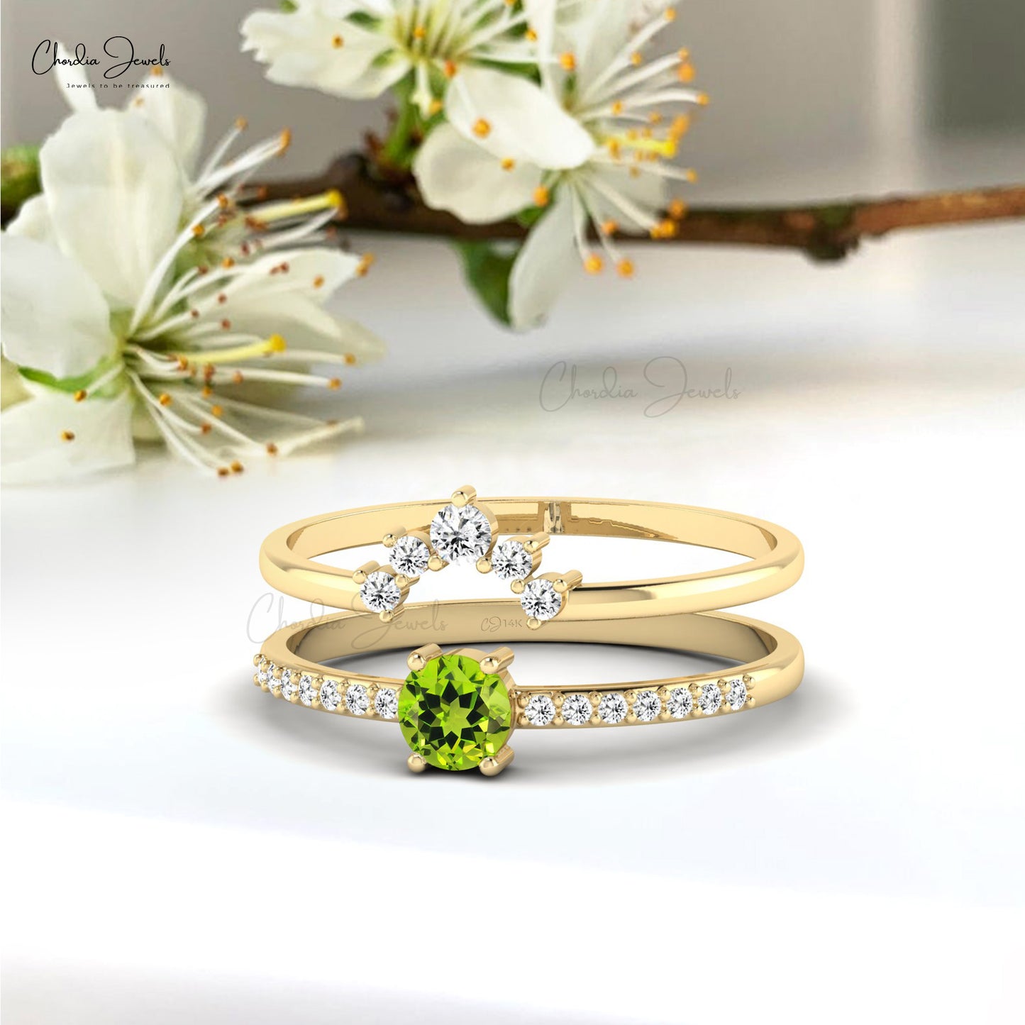 Genuine Peridot Gemstone Stackable Ring 14K Real Gold Round Diamonds Ring For Gift