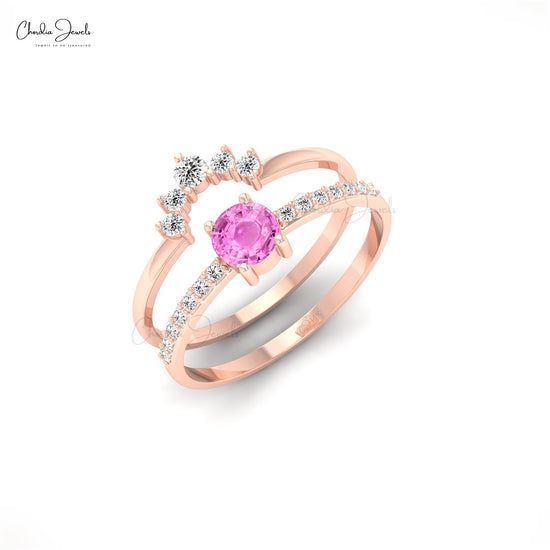 Pink Sapphire Double Band Ring in 14k Solid Gold Natural Diamond Stackable Ring For Her