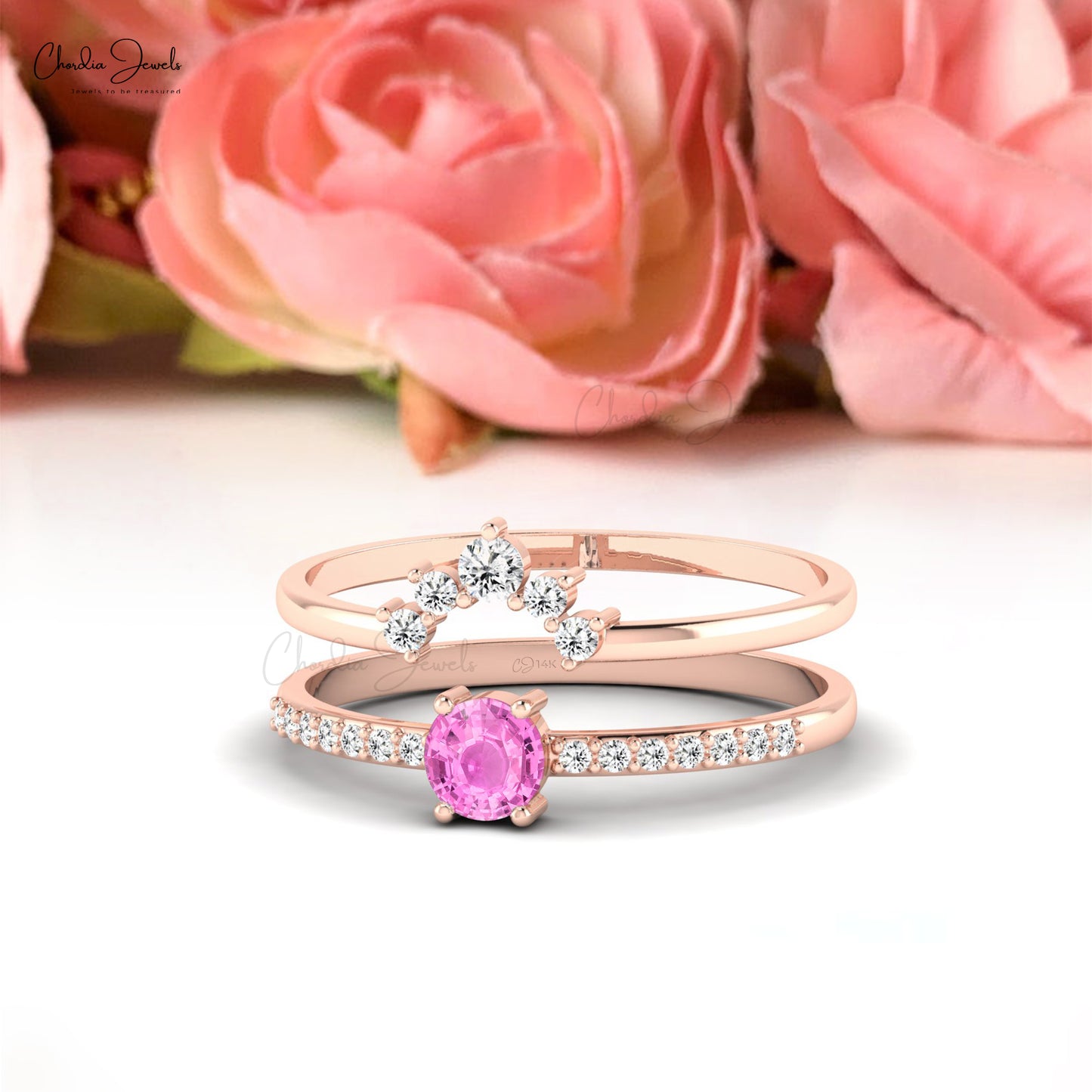 Stack Chevron Ring With 0.23 Ct Pink Sapphire And Diamond 14k Solid Gold Band