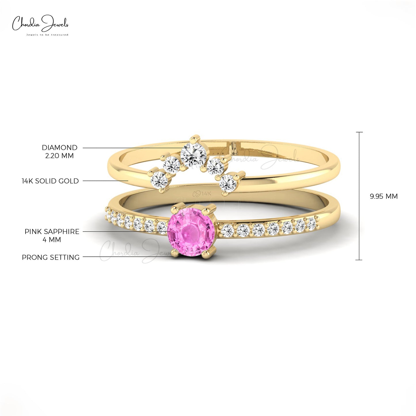 Pink Sapphire Double Band Ring in 14k Solid Gold Natural Diamond Stackable Ring For Her