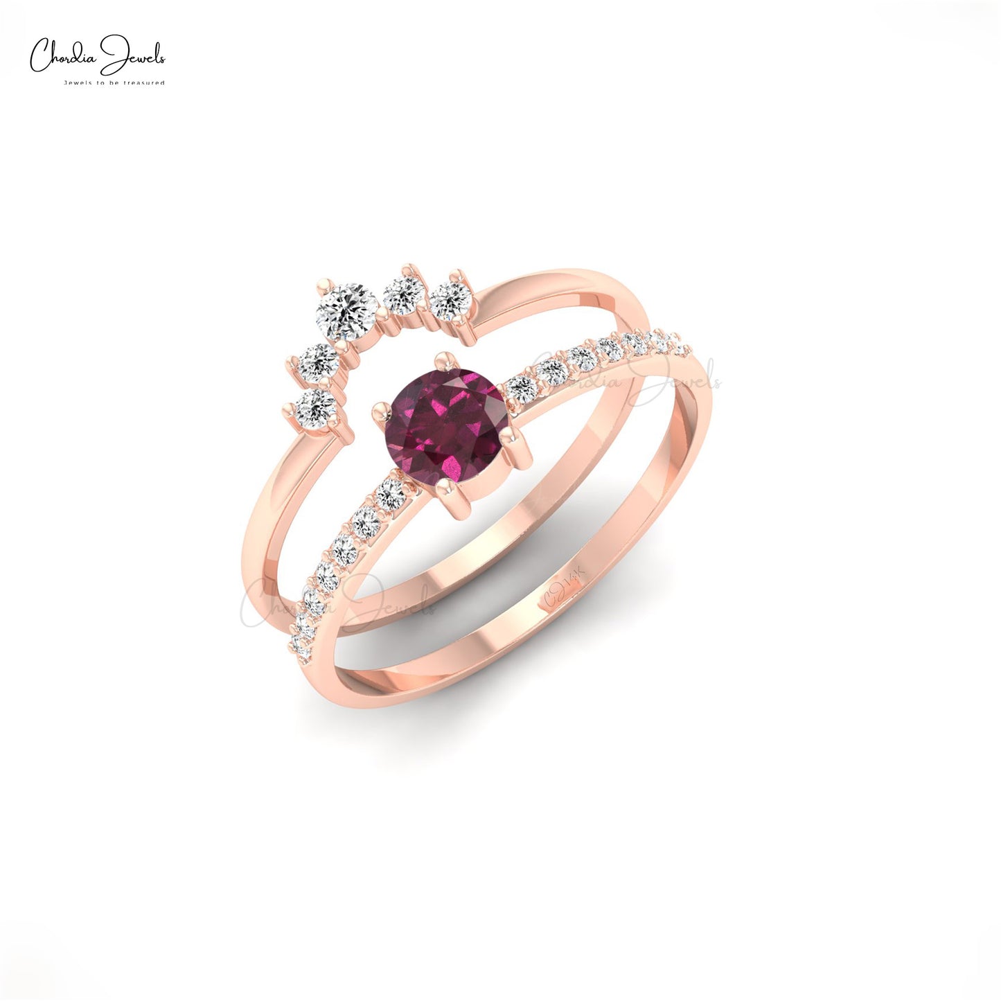 Anniversary Gift Ring with 4mm Rhodolite Garnet and Diamonds
