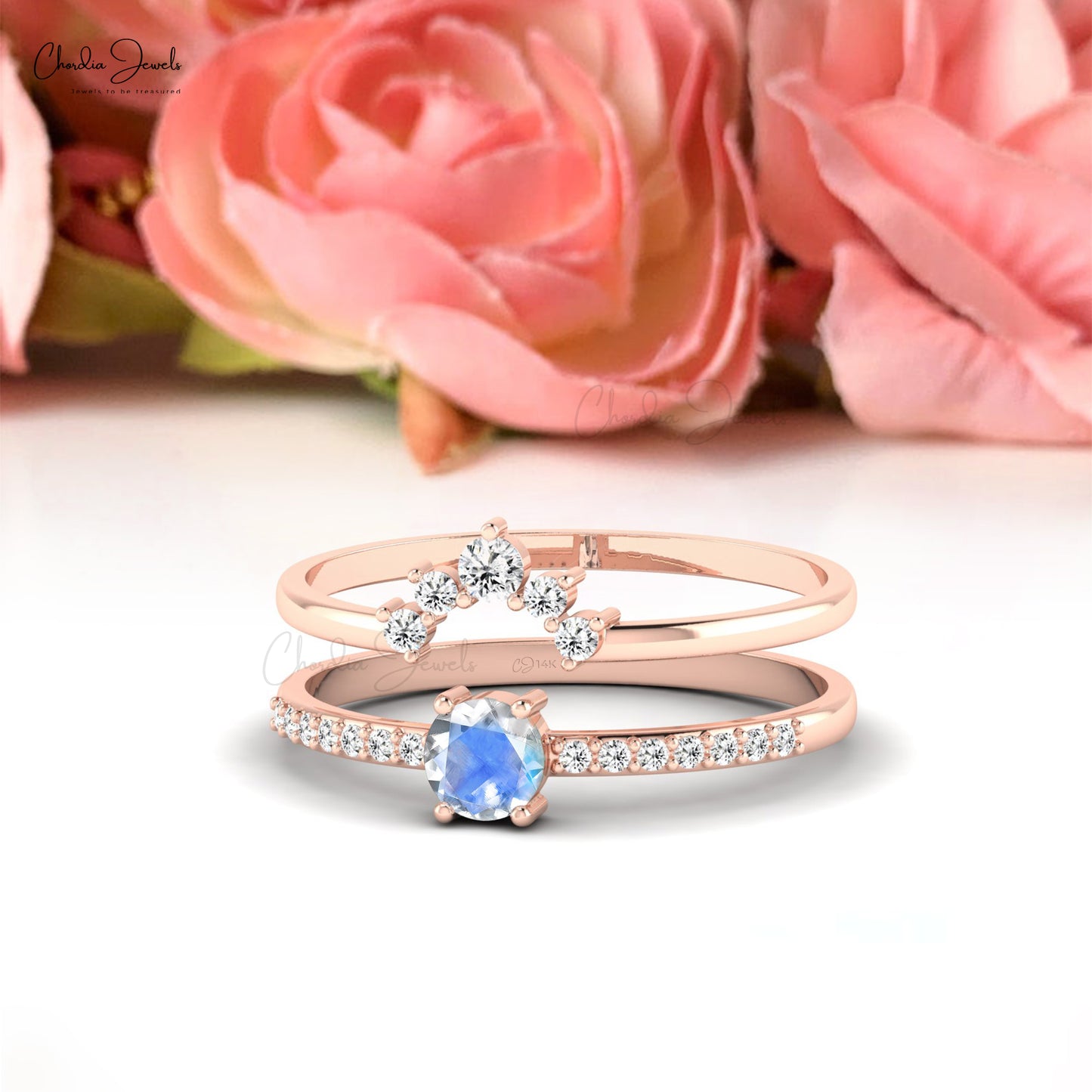 14k Gold Prong Set Moonstone Ring with White Diamonds