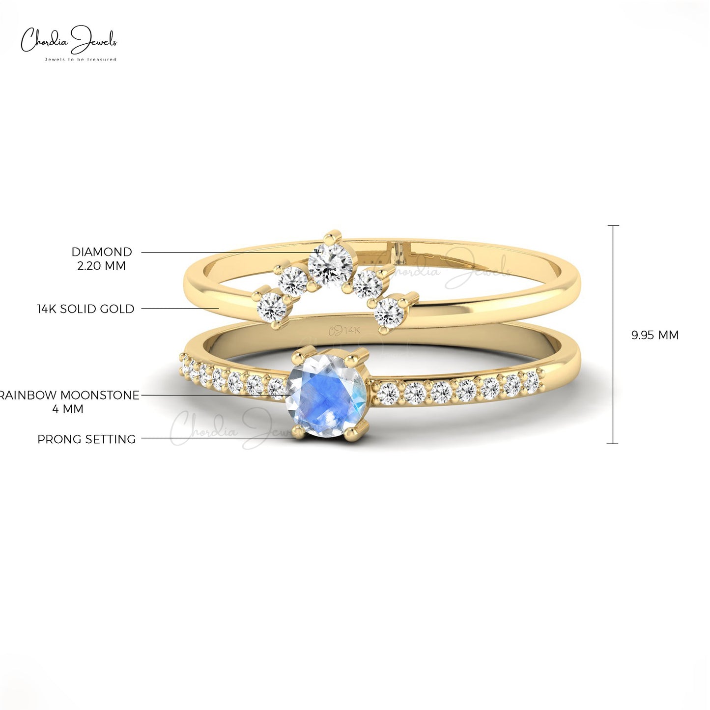 Stackable Diamond Band With 14k Real Gold Rainbow Moonstone Dual Band Ring