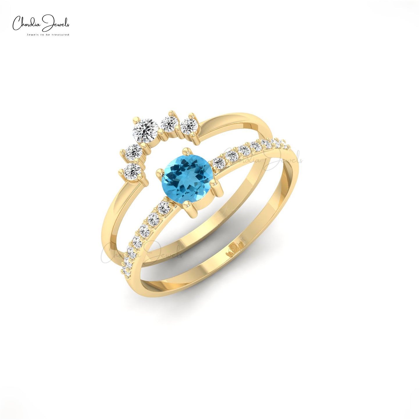 Real 14k Gold April Birthstone Diamond Stackable Ring 4mm Round Cut Prong Set Natural Swiss Blue Topaz Wedding Ring Hallmarked Jewelry For Women