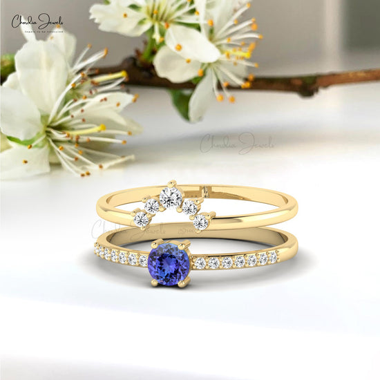Brilliant Cut Chevron Ring In 14k Solid Gold Tanzanite 0.27 Ct Gemstone & Diamond Rings