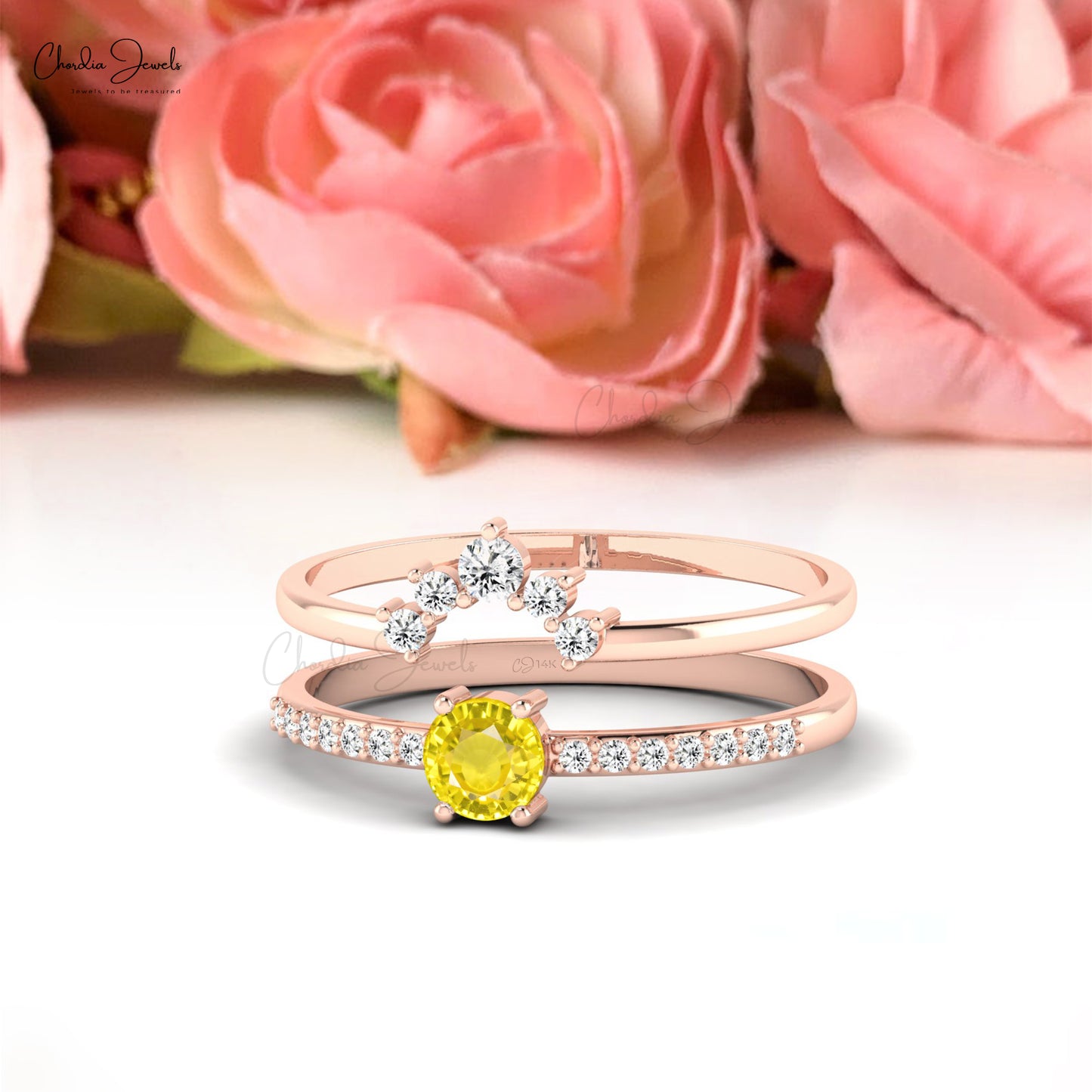 Load image into Gallery viewer, Natural 4mm Yellow Sapphire Stackable Ring in 14k Gold Delicate Diamond Double Band Ring
