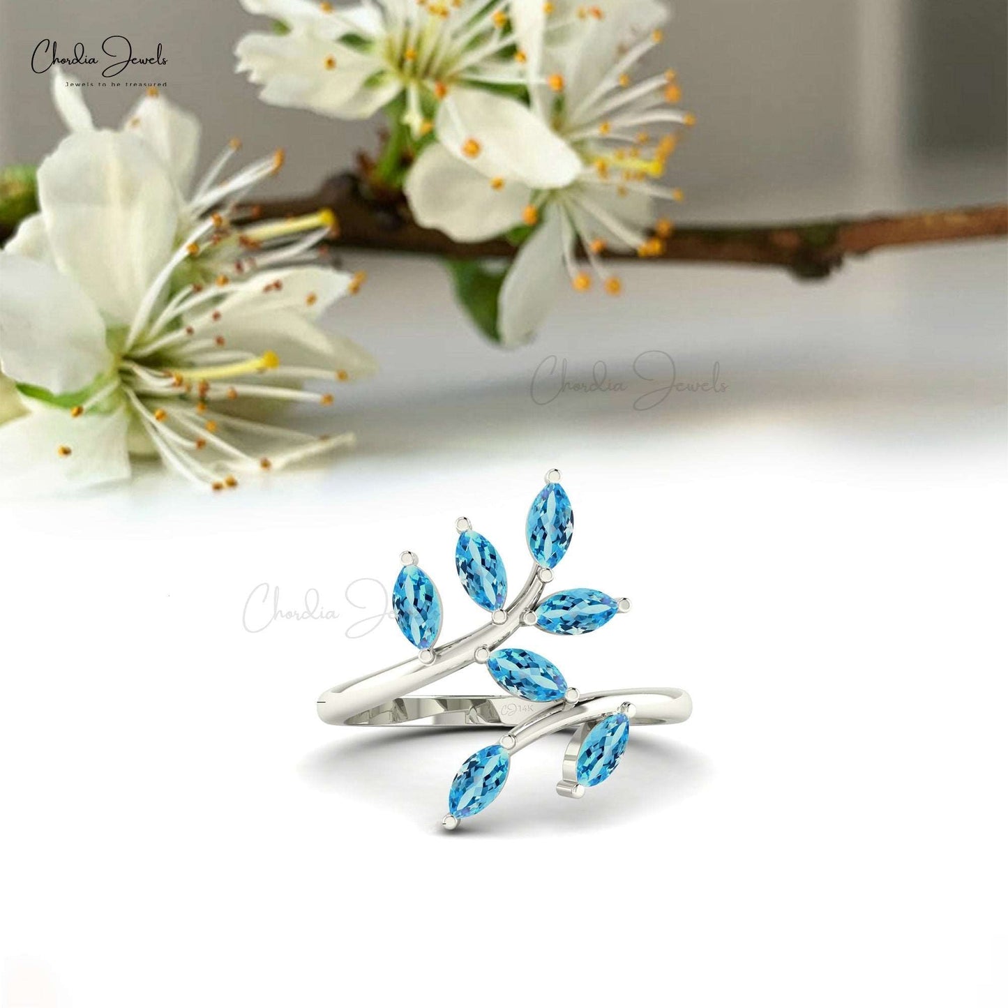 1.19 ct. Marquise Shape Swiss Blue Topaz Olive Leaf Ring