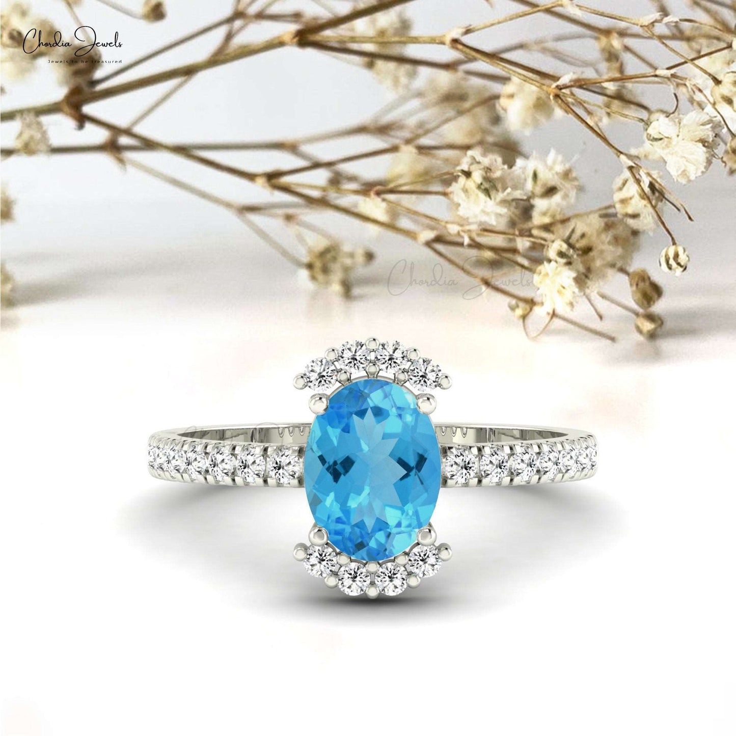 14k Gold Natural Swiss Blue Topaz Diamond Side Stone Engagement Ring