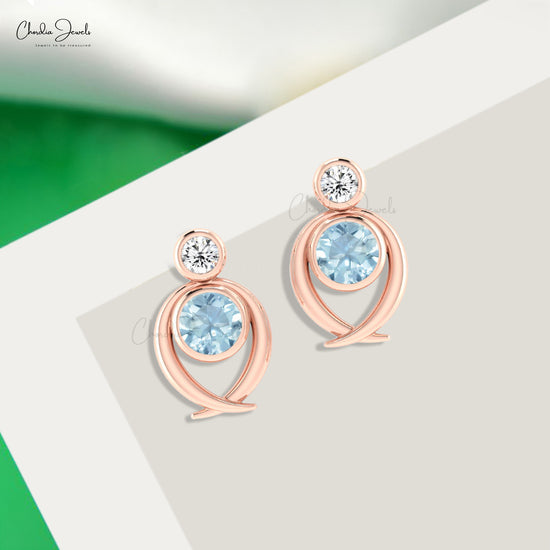 AAA Aquamarine 5mm Round Cut Accented Earrings In 14k Solid Gold