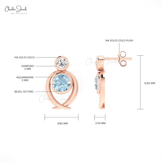 AAA Aquamarine 5mm Round Cut Accented Earrings In 14k Solid Gold