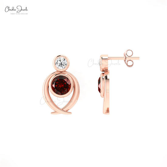 Genuine Diamond & Garnet Brilliant Round Cut Push Back Studs in 14k Solid Gold Jewelry