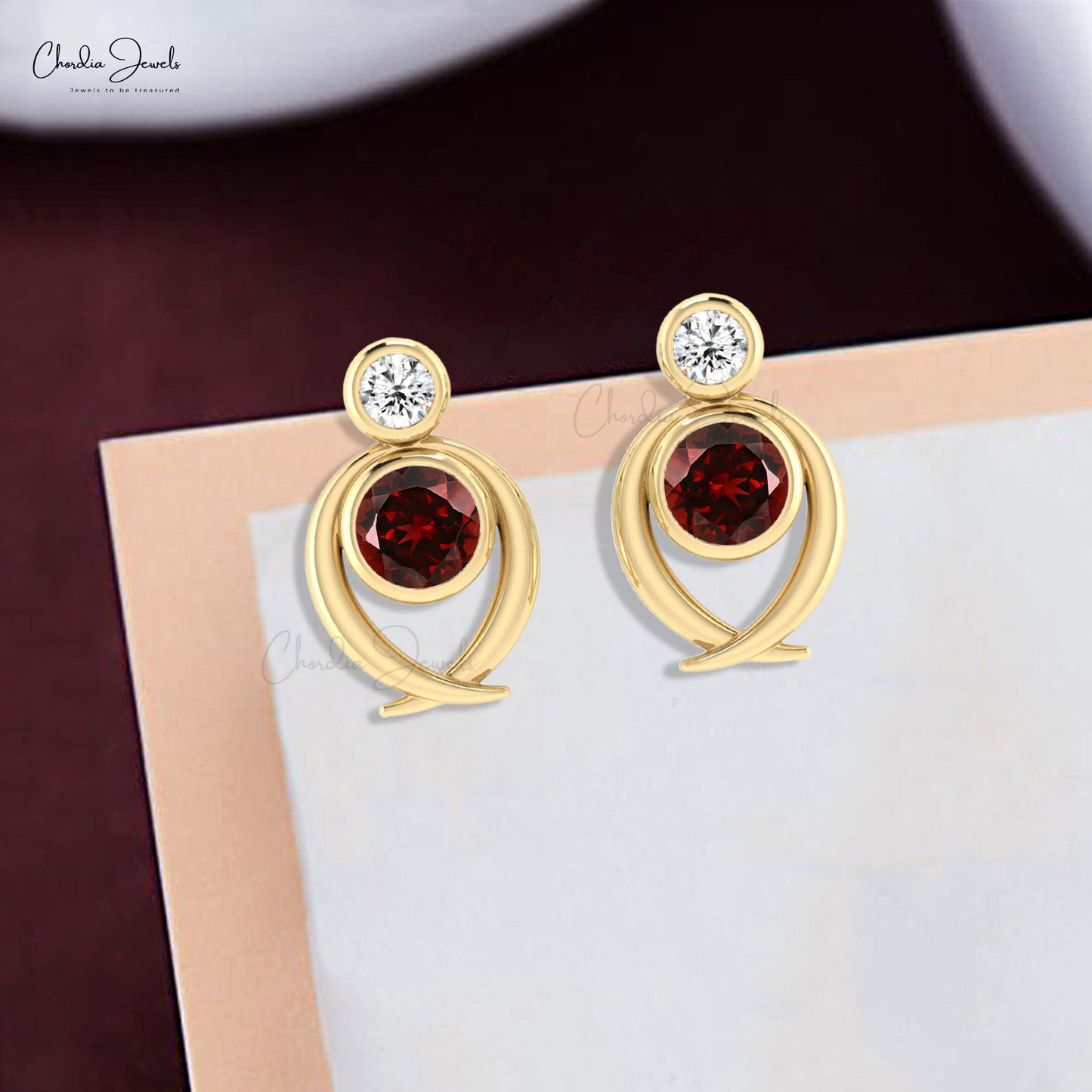 Genuine Diamond & Garnet Brilliant Round Cut Push Back Studs in 14k Solid Gold Jewelry