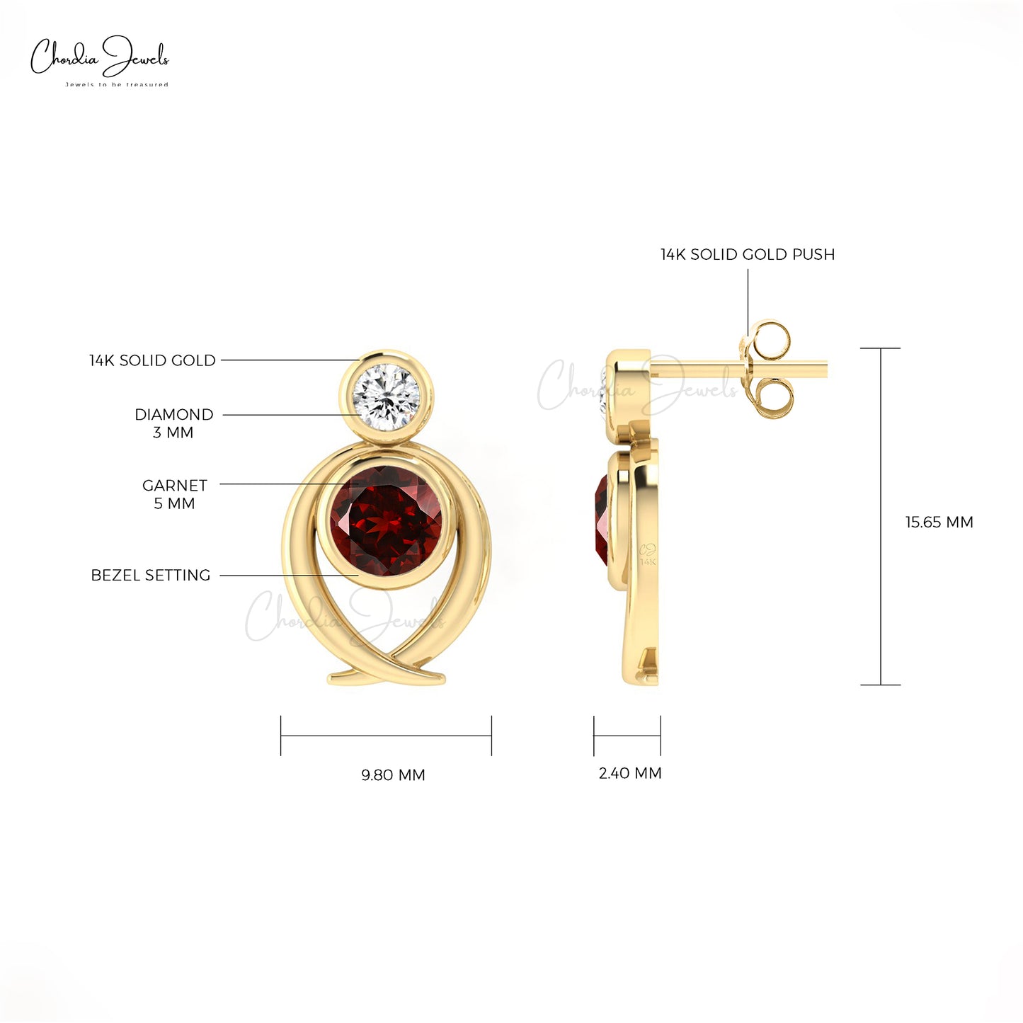 Genuine Diamond & Garnet Brilliant Round Cut Push Back Studs in 14k Solid Gold Jewelry