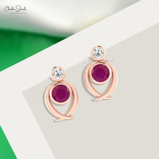 Load image into Gallery viewer, Genuine 5mm Round Cut Ruby Diamond Accented Studs Earrings in 14k Gold
