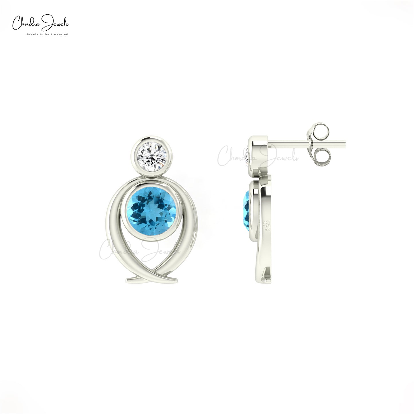 Round Cut Diamond Earrings With 5mm Swiss Blue Topaz 14k Real Gold 2 Stone Studs