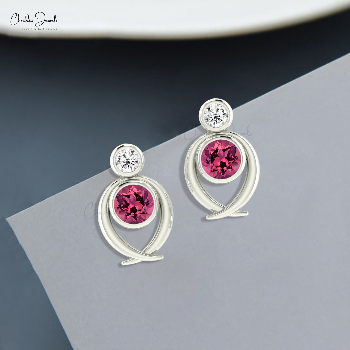 Natural Pink Tourmaline 2 Stone Studs Earrings in 14k Solid Gold