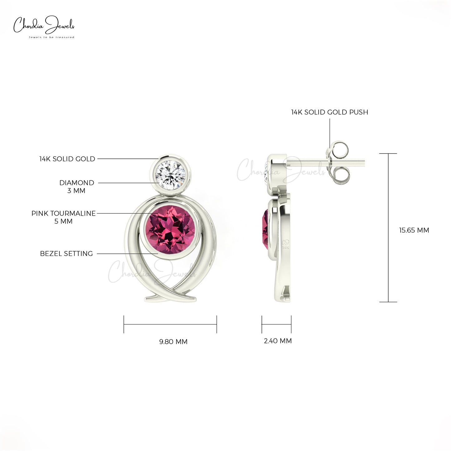 Natural Pink Tourmaline 2 Stone Studs Earrings in 14k Solid Gold