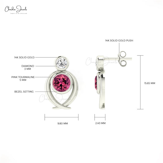 Natural Pink Tourmaline 2 Stone Studs Earrings in 14k Solid Gold