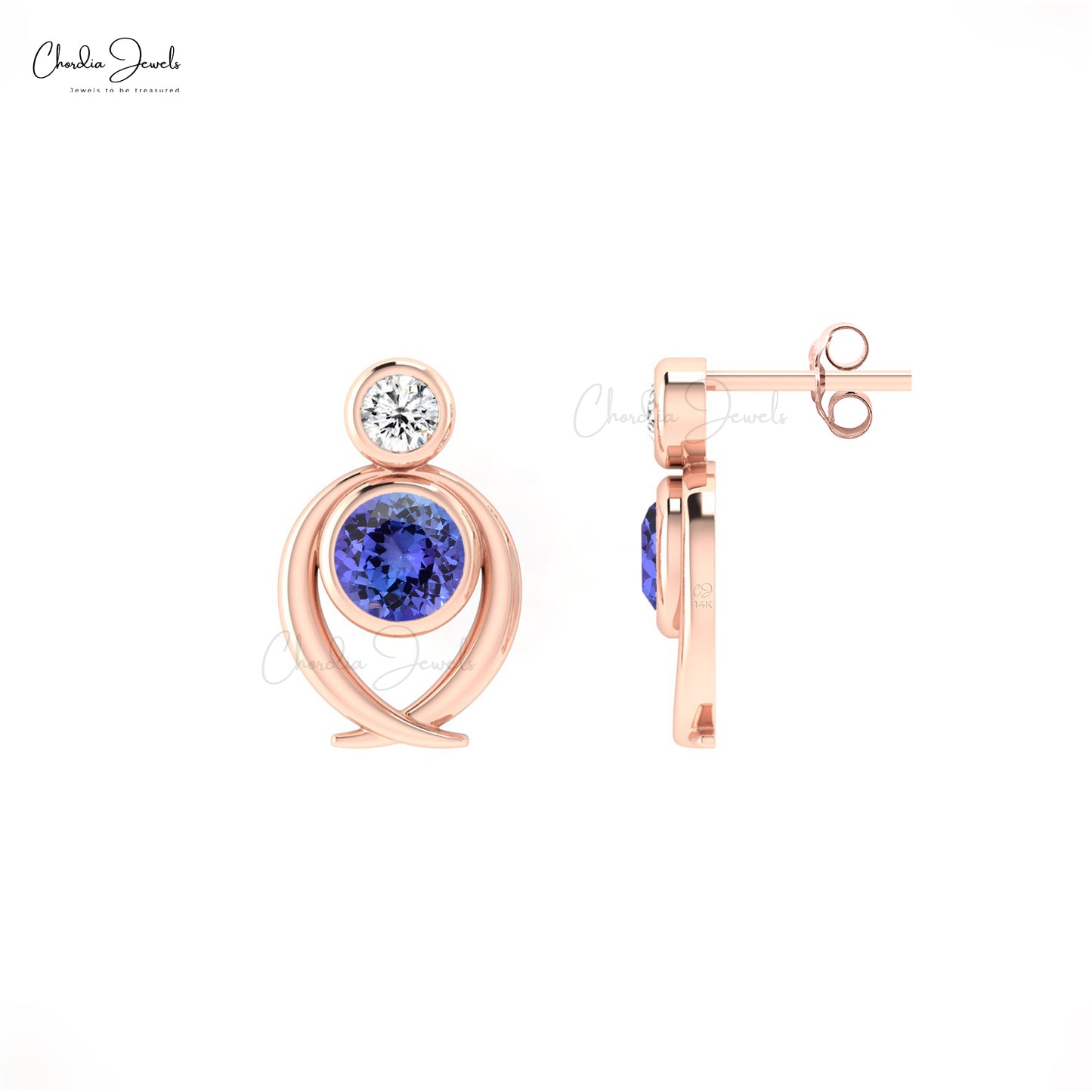 Natural Tanzanite & Diamond Earrings in 14k Solid Gold 2-Stone Stud Earrings Fine Jewelry