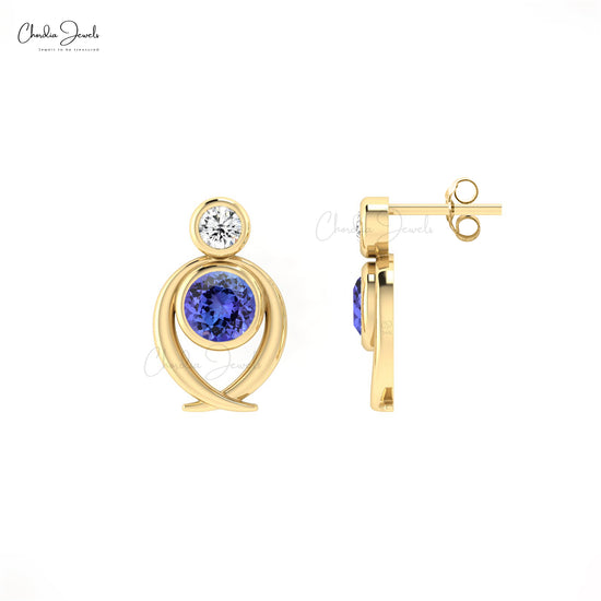 Natural Tanzanite & Diamond Earrings in 14k Solid Gold 2-Stone Stud Earrings Fine Jewelry