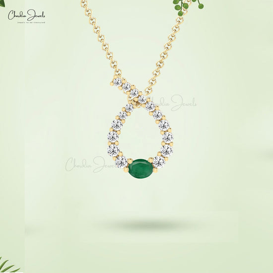 Dazzling Twisted Pendant With Emerald & Diamond 14k Solid Gold Prong Set Birthstone Pendant