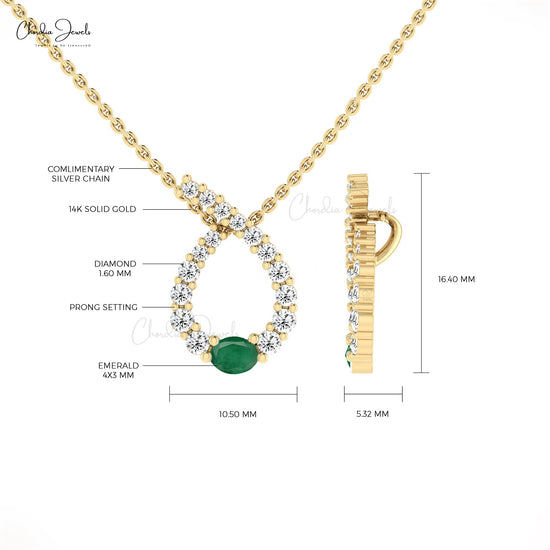 Dazzling Twisted Pendant With Emerald & Diamond 14k Solid Gold Prong Set Birthstone Pendant