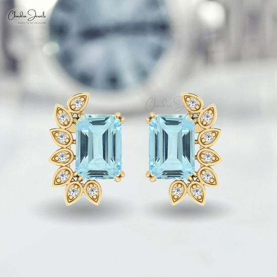 AAA Pretty Aquamarine Earrings 7X5MM Gemstone Earrings 14k Solid Gold Diamond Earring For Birthday Gift