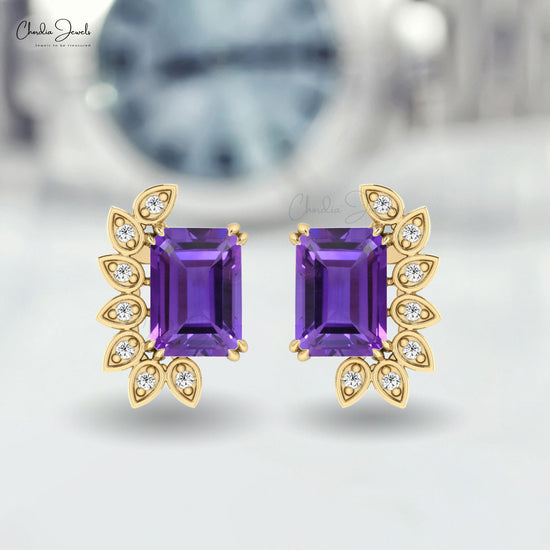 Purple Amethyst Statement Earrings 7x5mm Emerald Cut Natural Gemstone Earrings 14k Real Gold Diamond Minimalist Jewelry For Women