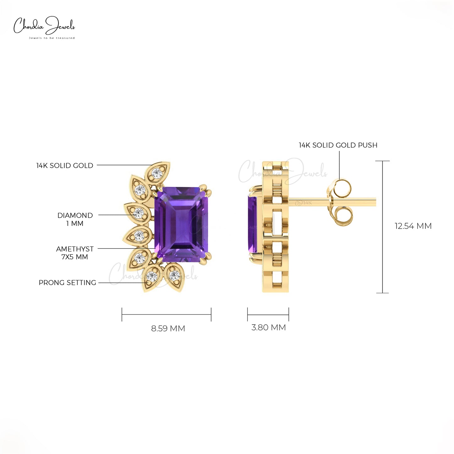 Purple Amethyst Statement Earrings 7x5mm Emerald Cut Natural Gemstone Earrings 14k Real Gold Diamond Minimalist Jewelry For Women