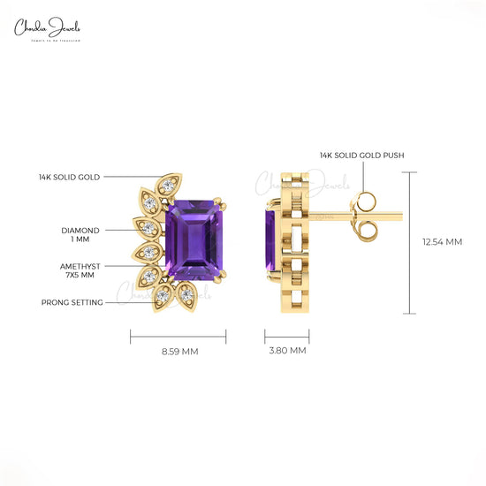 Natural Amethyst Statement Stud In Real 14k Gold Gemstone 7x5mm And Diamond Earrings
