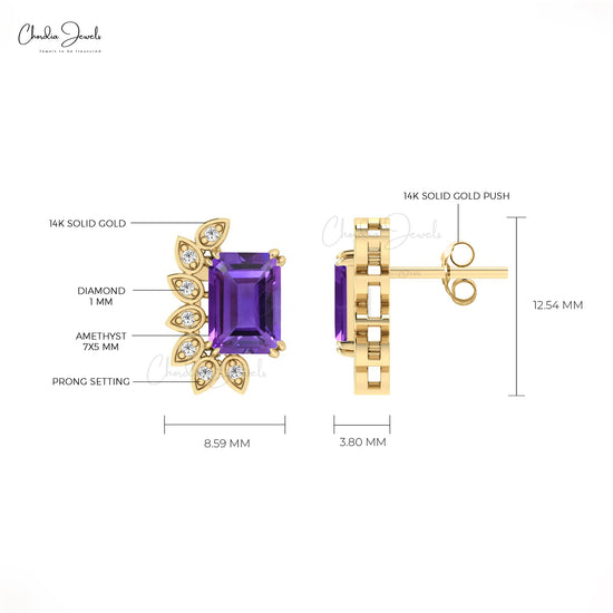 Purple Amethyst Statement Earrings 7x5mm Emerald Cut Natural Gemstone Earrings 14k Real Gold Diamond Minimalist Jewelry For Women