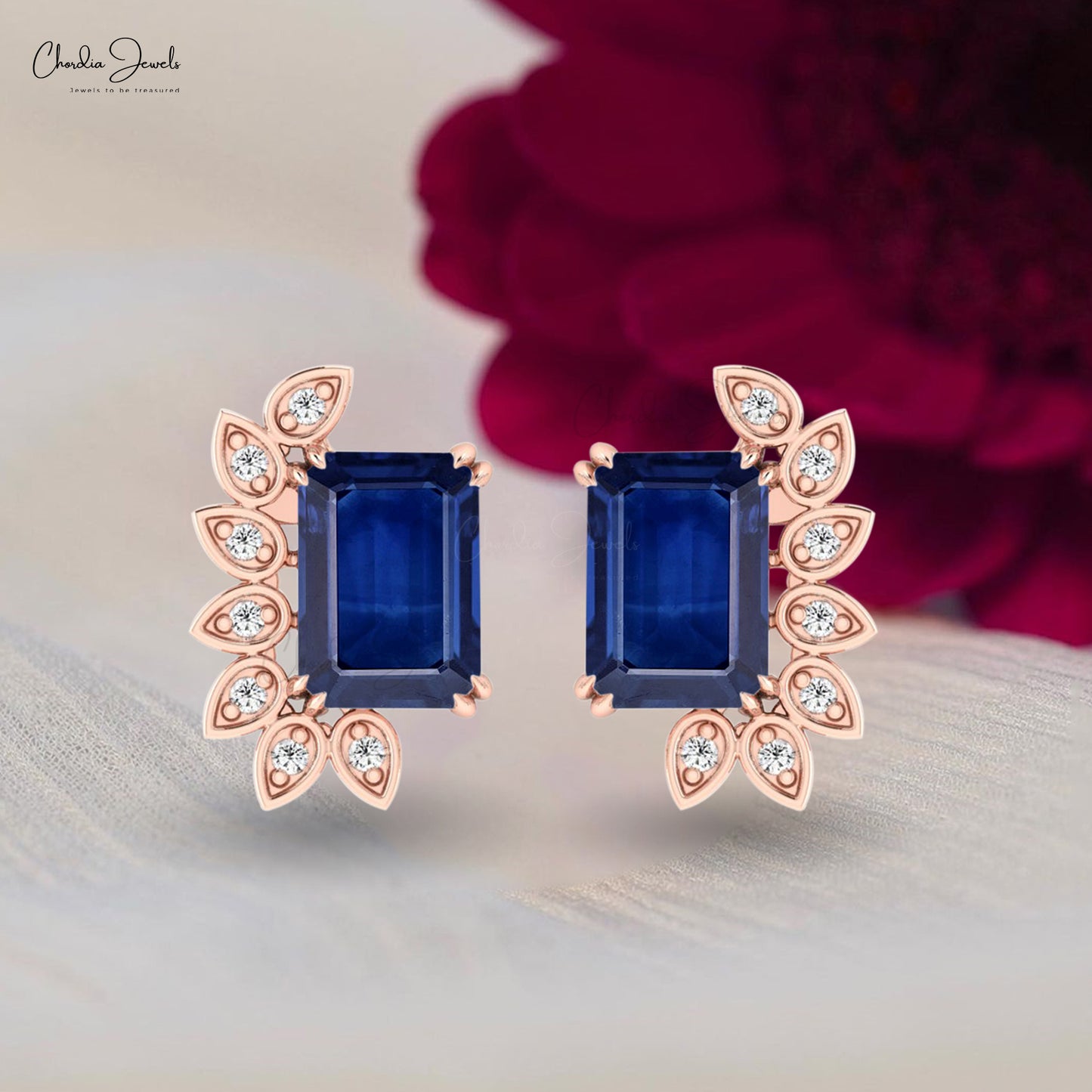 Statement Earrings With Blue Sapphire Gemstone 14k Solid Gold Diamond Accents Stud Earring