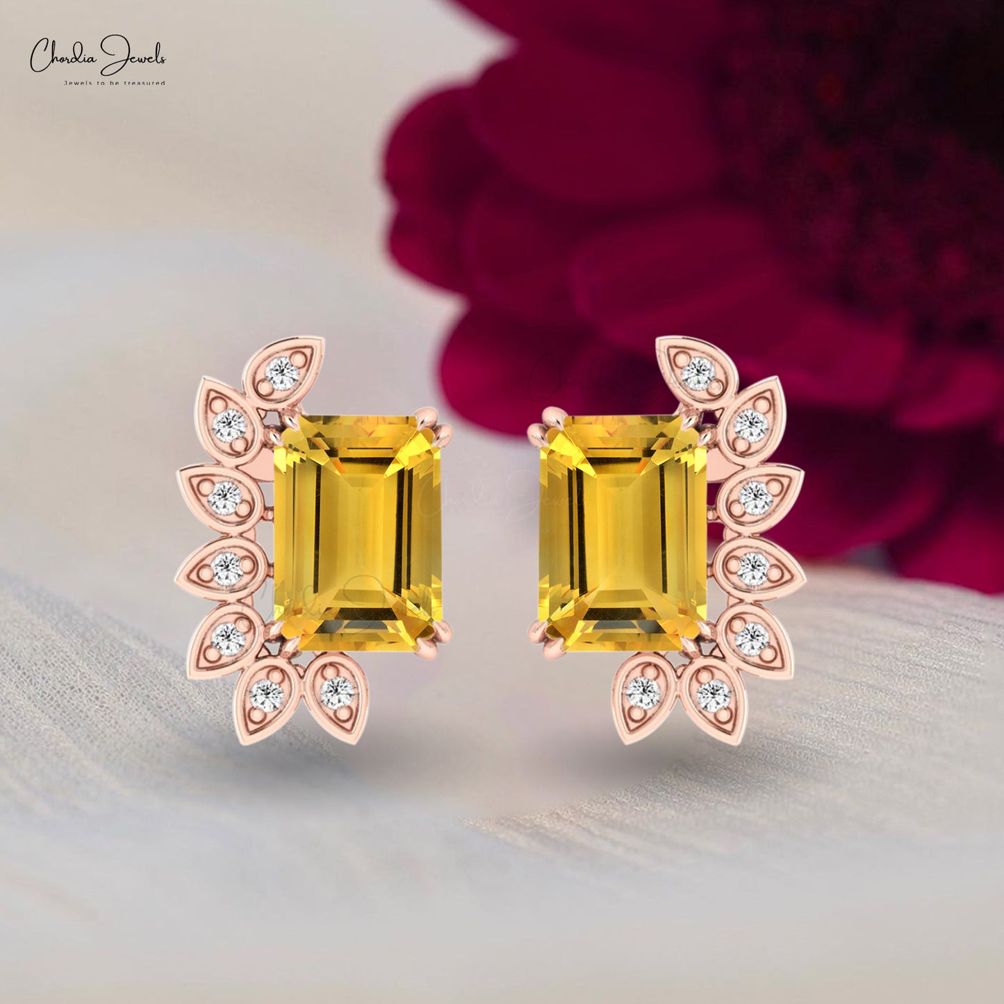 Natural Citrine Statement Stud With 2 Ct Gemstone And Diamond Earrings In 14k Real Gold