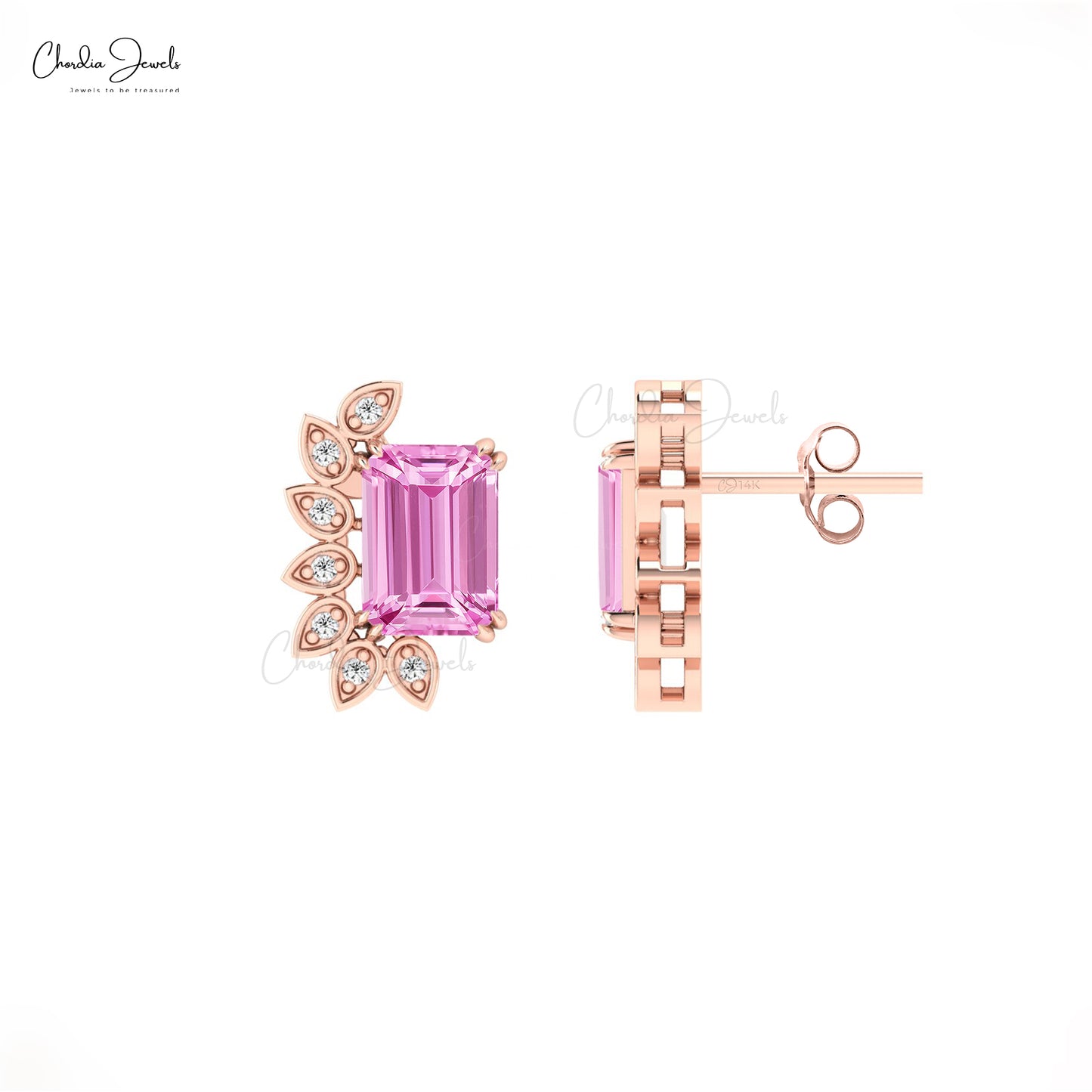 Statement Pink Sapphire Earrings For Women 14k Solid Gold Diamond Push Back Earring For Gift