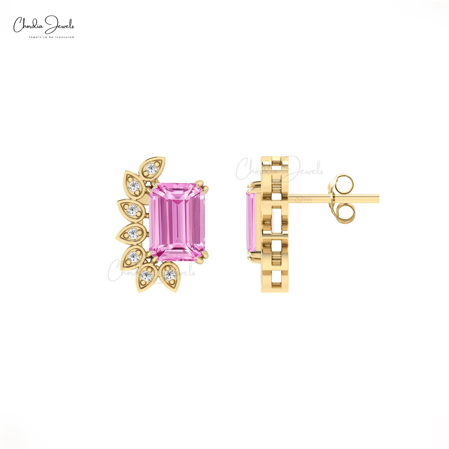 Statement Earrings With Pink Sapphire Gemstone 14k Solid Gold Diamond Push Back Earring For Gift