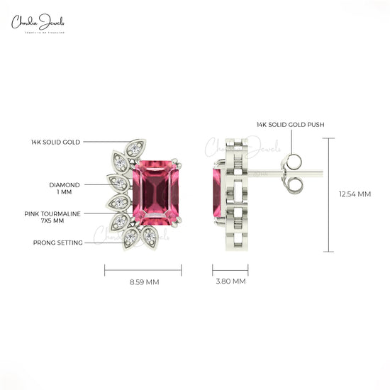 Load image into Gallery viewer, Natural Pink Tourmaline Prong Set Earrings 14k Solid Gold Diamond Earrings For October Birthstone

