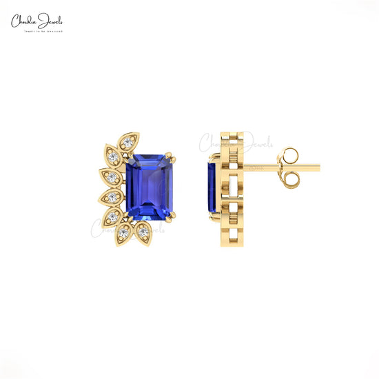 Load image into Gallery viewer, Dainty Solid 14k Gold Statement Earrings Genuine 2ct Tanzanite &amp;amp; Round Diamond Studs

