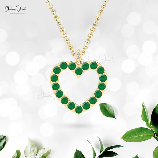 Genuine Emerald Open Heart Pendant 14k Solid Gold Diamond Pendant For May Birthstone