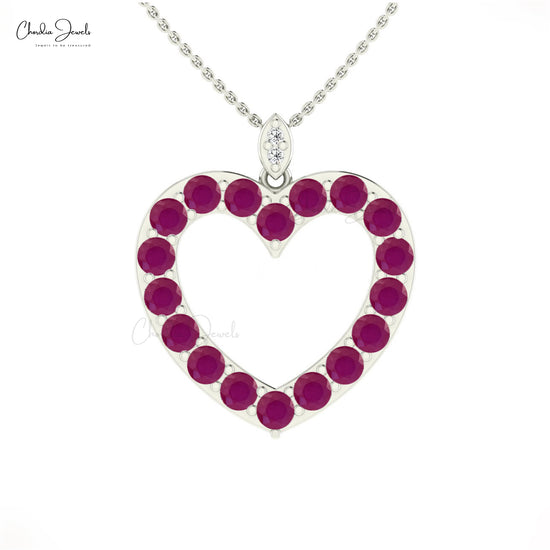 Natural Ruby Hallow Heart Pendant 14k Solid Gold Diamond Pendant For May Birthstone