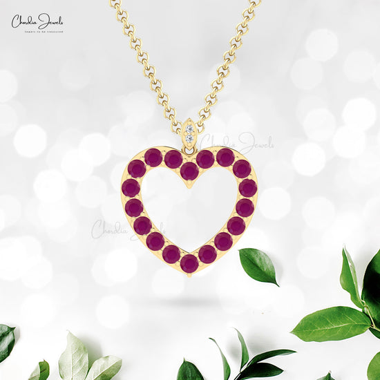 Natural Ruby Hallow Heart Pendant 14k Solid Gold Diamond Pendant For May Birthstone