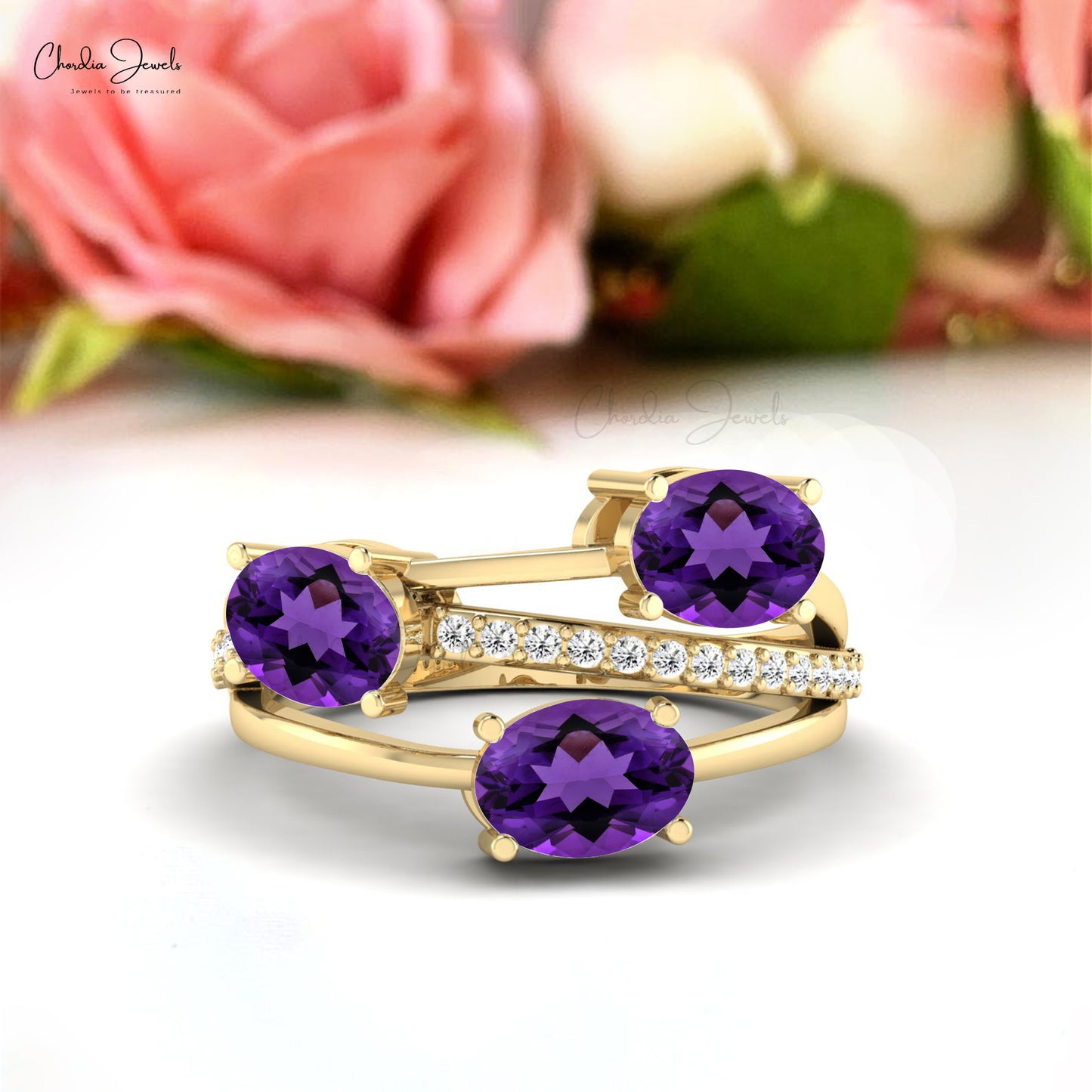 Crossover Wedding Ring In 14k Solid Gold Amethyst 2.16 Ct Oval Gemstone And Diamond Ring