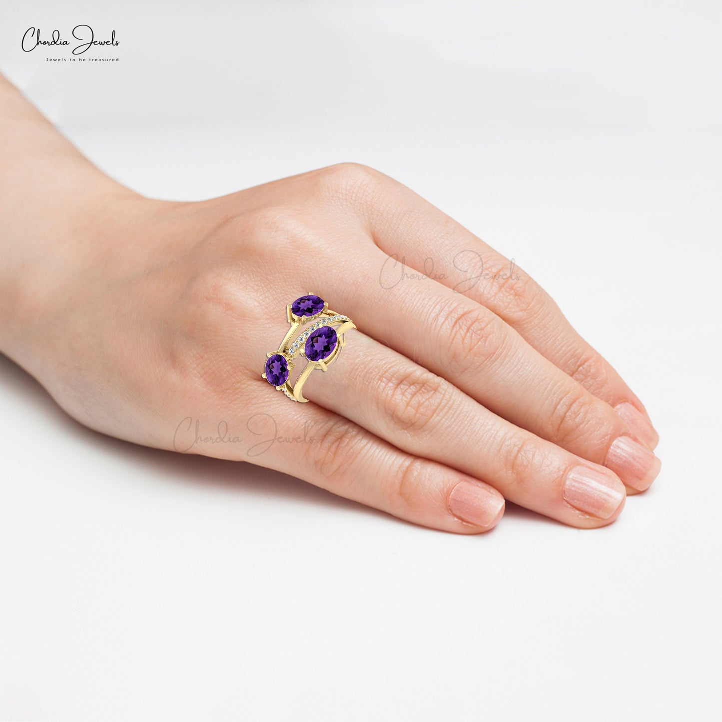 Crossover Wedding Ring In 14k Solid Gold Amethyst 2.16 Ct Oval Gemstone And Diamond Ring